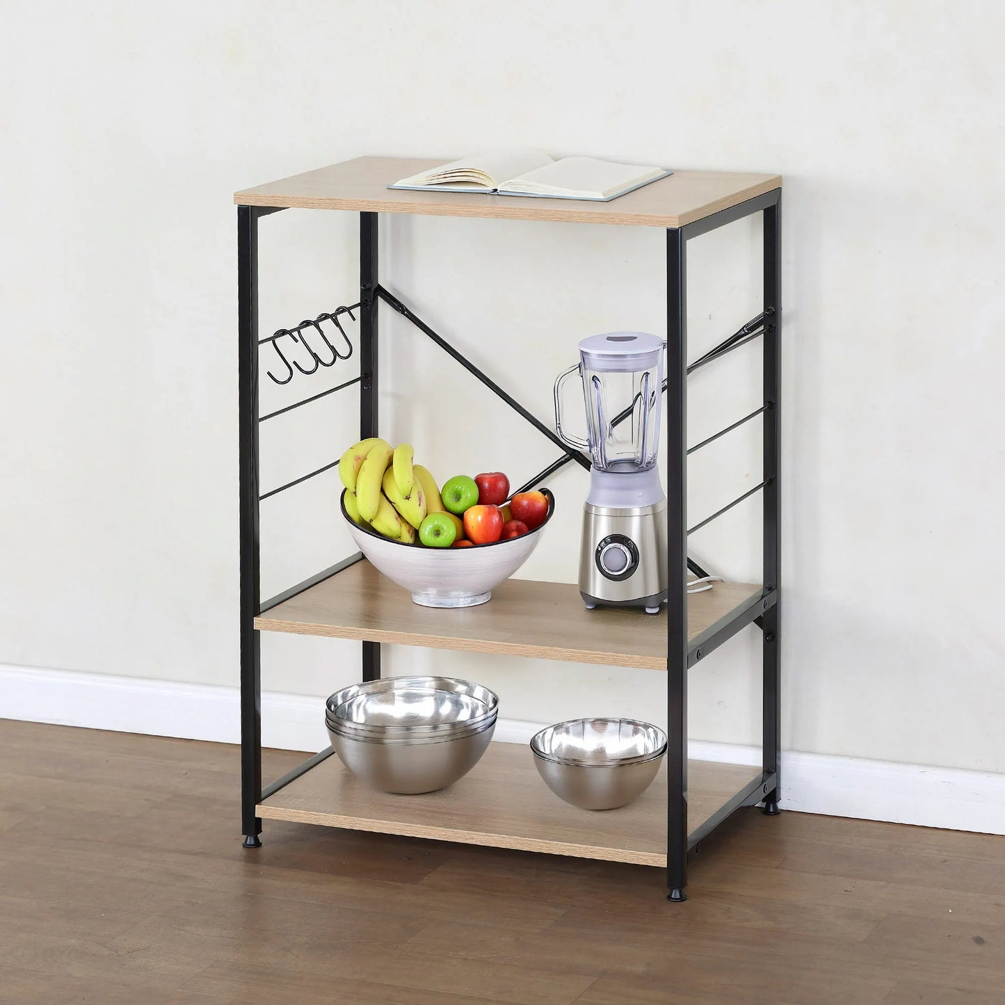 Max Home Kitchen Auxiliary Cabinet, Measures 60x40x82 cm, Wood and Steel, 3 Levels and 4 Side Hooks, Adjustable Feet, Stable and Durable, Cupboard, microwave support, auxiliary furniture, storage shelving