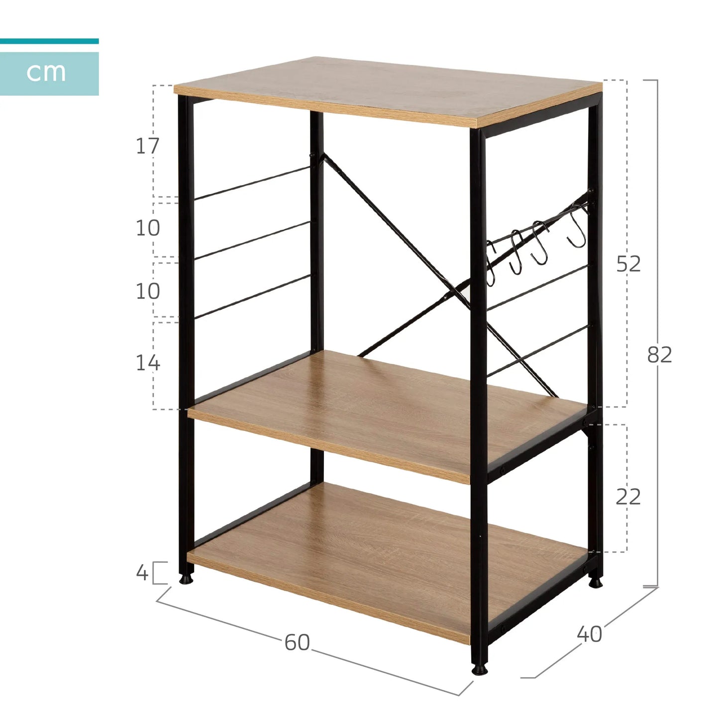 Max Home Kitchen Auxiliary Cabinet, Measures 60x40x82 cm, Wood and Steel, 3 Levels and 4 Side Hooks, Adjustable Feet, Stable and Durable, Cupboard, microwave support, auxiliary furniture, storage shelving