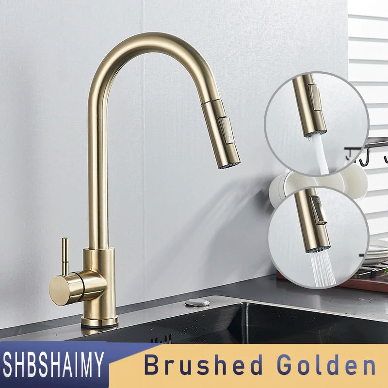 SHBSHAIMY Nickle Gold Kitchen Faucets Stainless Steel Pull Down Stream Sprayer Deck Mount Water Sink Taps Black Brushed