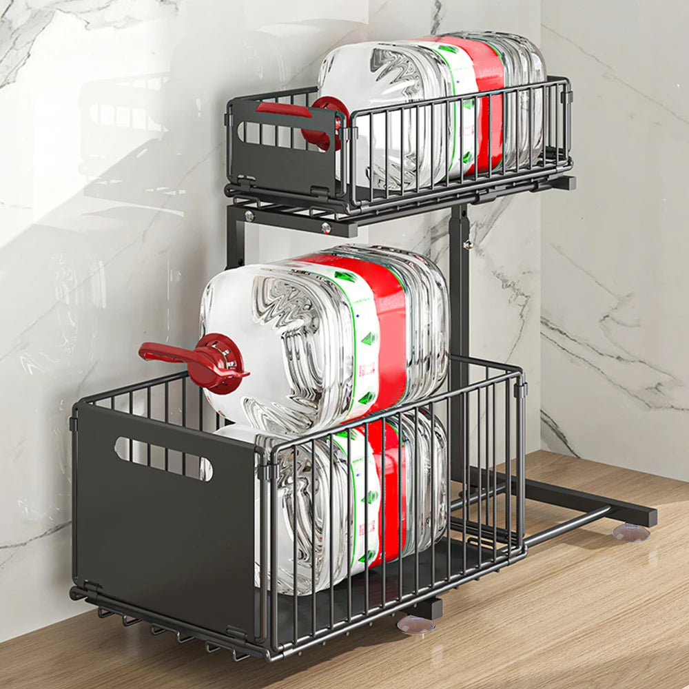 2 Tier Under Sink Pull Out Cabinet Organizer Height Adjustable Kitchen Storage Rack Spice Jar Storage Rack Slide Out Drawer