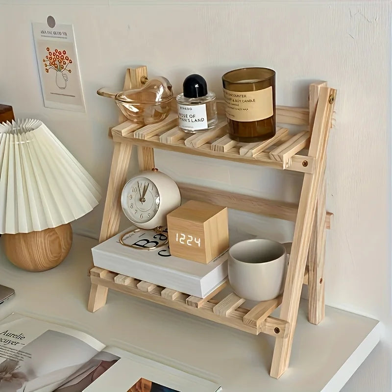 The Two-layer Wooden Trapezoidal Storage Rack Can Be Used To Store Desktop Stationery, Office Supplies and Decorative Items.
