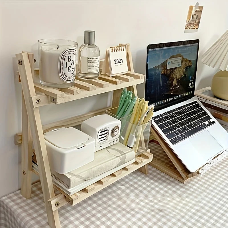 The Two-layer Wooden Trapezoidal Storage Rack Can Be Used To Store Desktop Stationery, Office Supplies and Decorative Items.