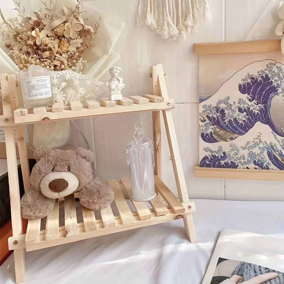 The Two-layer Wooden Trapezoidal Storage Rack Can Be Used To Store Desktop Stationery, Office Supplies and Decorative Items.