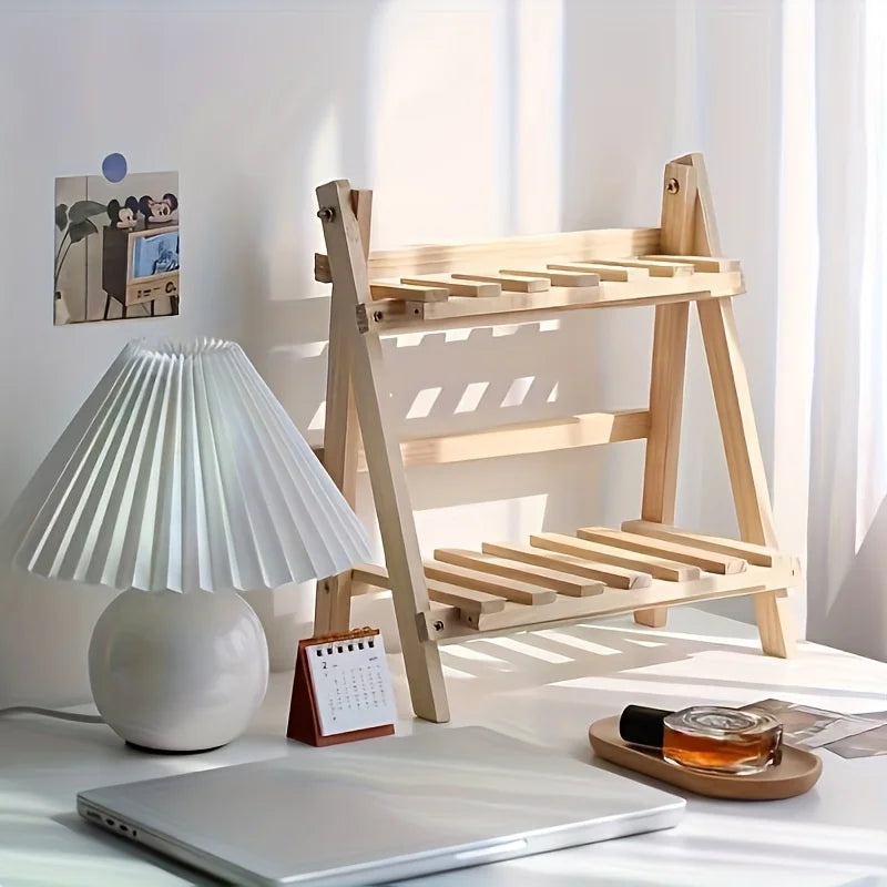 The Two-layer Wooden Trapezoidal Storage Rack Can Be Used To Store Desktop Stationery, Office Supplies and Decorative Items.