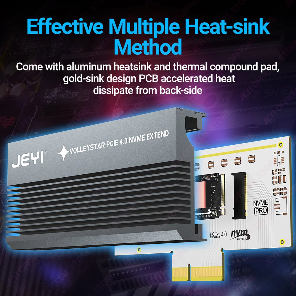 JEYI VolleyStar PCIE To NVMe Adapter With Aluminum Alloy Heatsink, M.2 RGB PCIe 4.0 Card With 1/2U Low Standard Profile Bracket