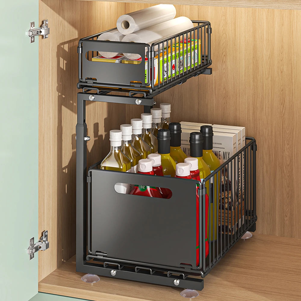 2 Tier Under Sink Pull Out Cabinet Organizer Height Adjustable Kitchen Storage Rack Spice Jar Storage Rack Slide Out Drawer