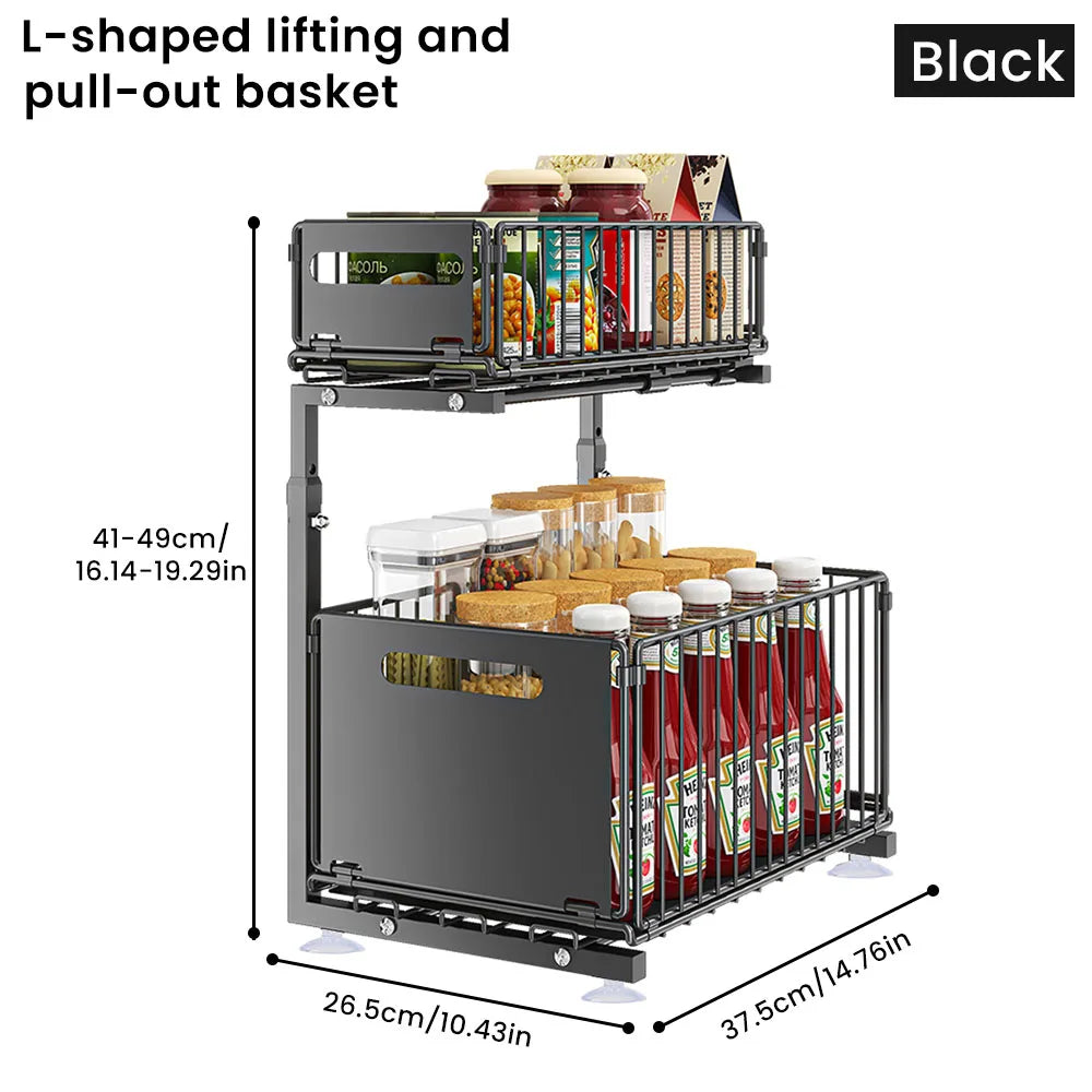 2 Tier Under Sink Pull Out Cabinet Organizer Height Adjustable Kitchen Storage Rack Spice Jar Storage Rack Slide Out Drawer