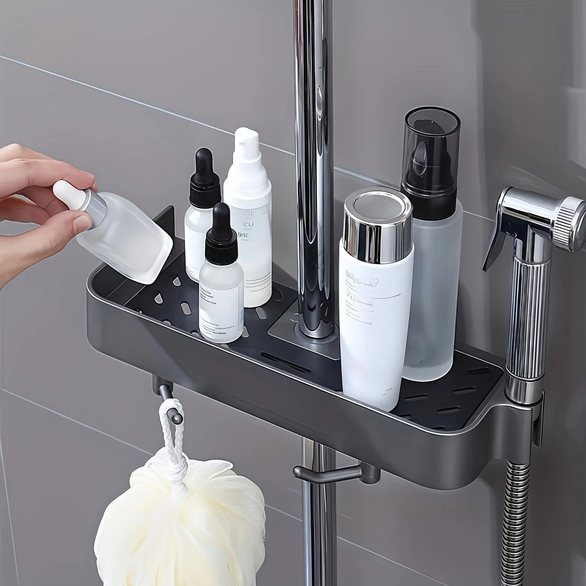 Storage Rack Plastic Perforation-Free Household Lift Stand Shower Gel Storage Rack Bathroom Shower Rod Tray Bathroom Accessories