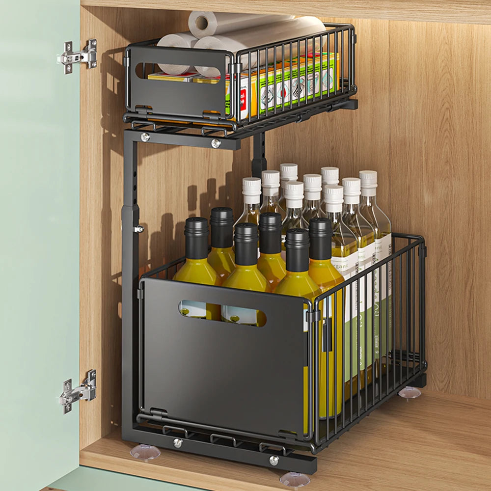 2 Tier Under Sink Pull Out Cabinet Organizer Height Adjustable Kitchen Storage Rack Spice Jar Storage Rack Slide Out Drawer