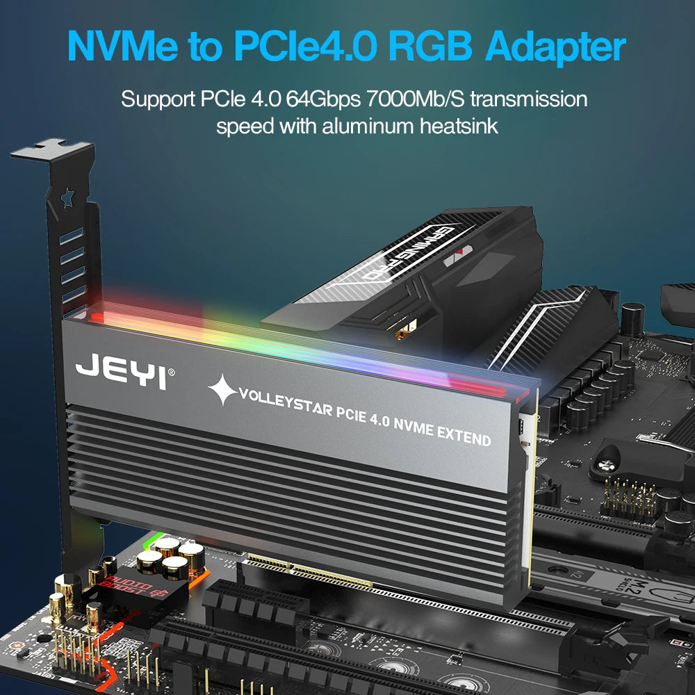 JEYI VolleyStar PCIE To NVMe Adapter With Aluminum Alloy Heatsink, M.2 RGB PCIe 4.0 Card With 1/2U Low Standard Profile Bracket