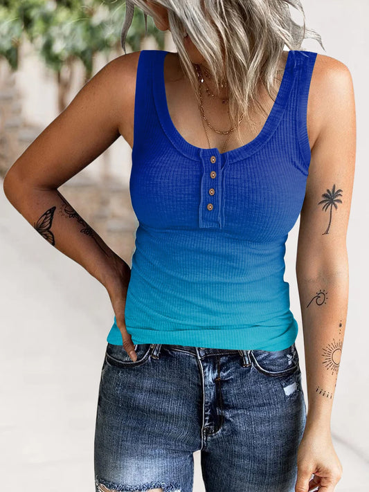 European and American Cross-border New Women's Clothing Button Thread Gradient Color Printed Vest T-shirt