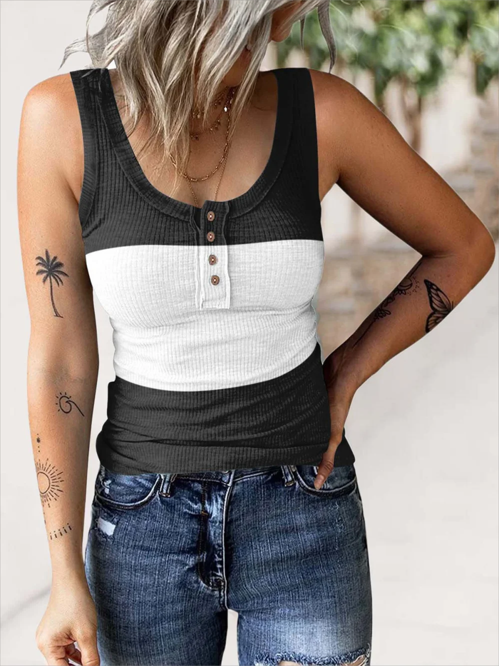 European and American Cross-border New Women's Clothing Button Thread Gradient Color Printed Vest T-shirt