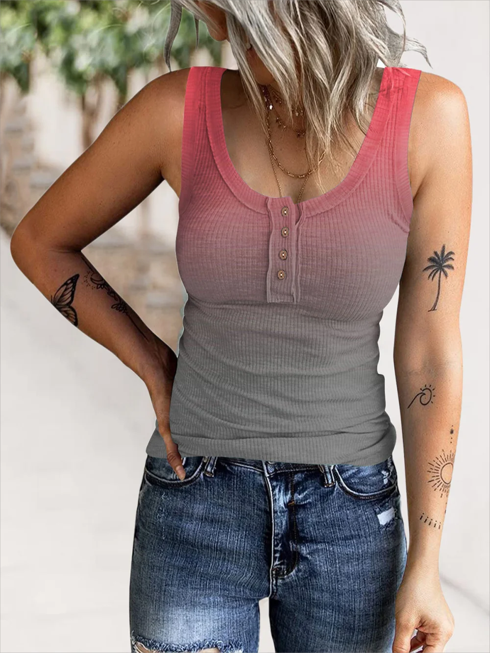 European and American Cross-border New Women's Clothing Button Thread Gradient Color Printed Vest T-shirt
