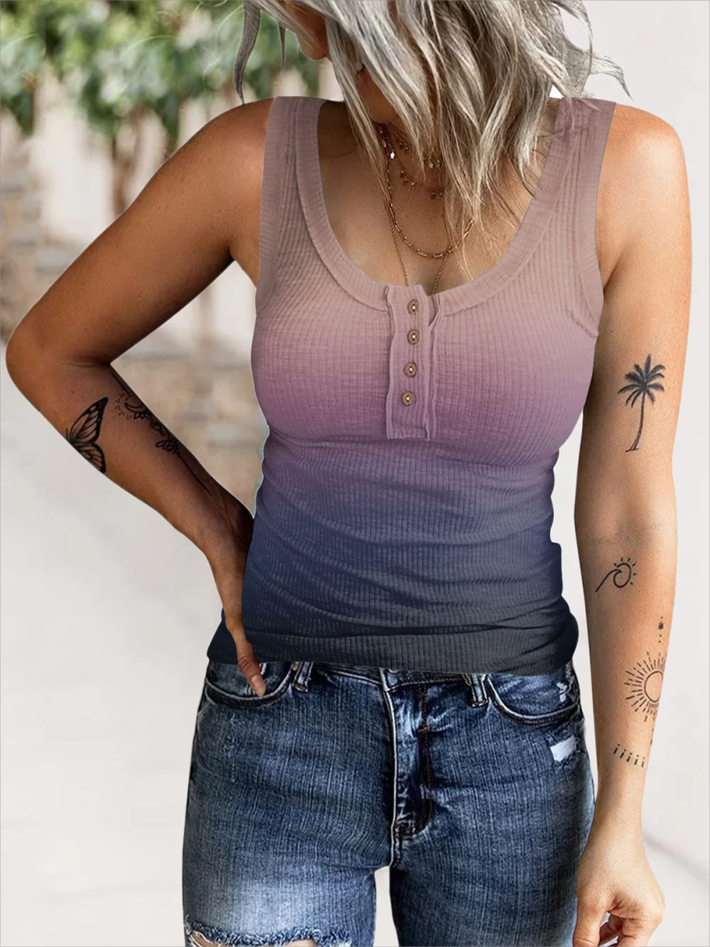 European and American Cross-border New Women's Clothing Button Thread Gradient Color Printed Vest T-shirt