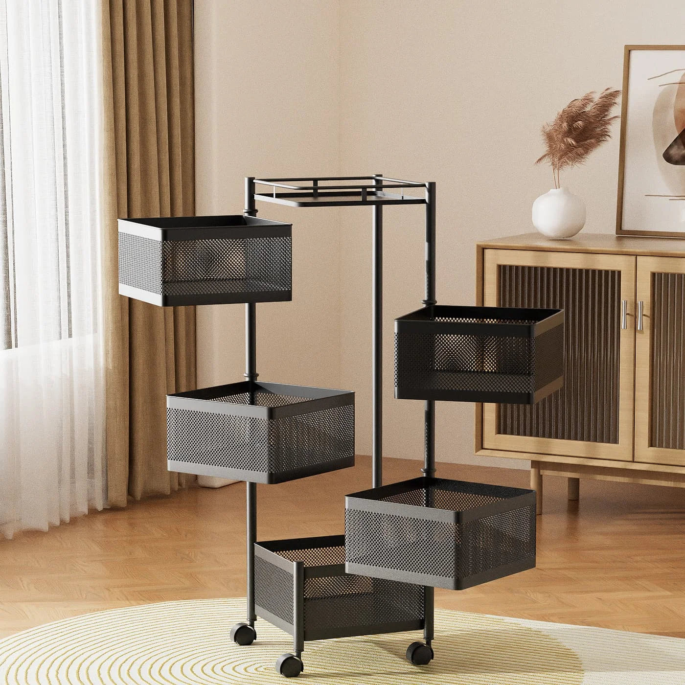 Metal auxiliary cart with wheels and folding baskets saves space |   Fruity vegetable kitchen cart |   Large capacity metal organizer shelf and top tray |   Kitchen shelf
