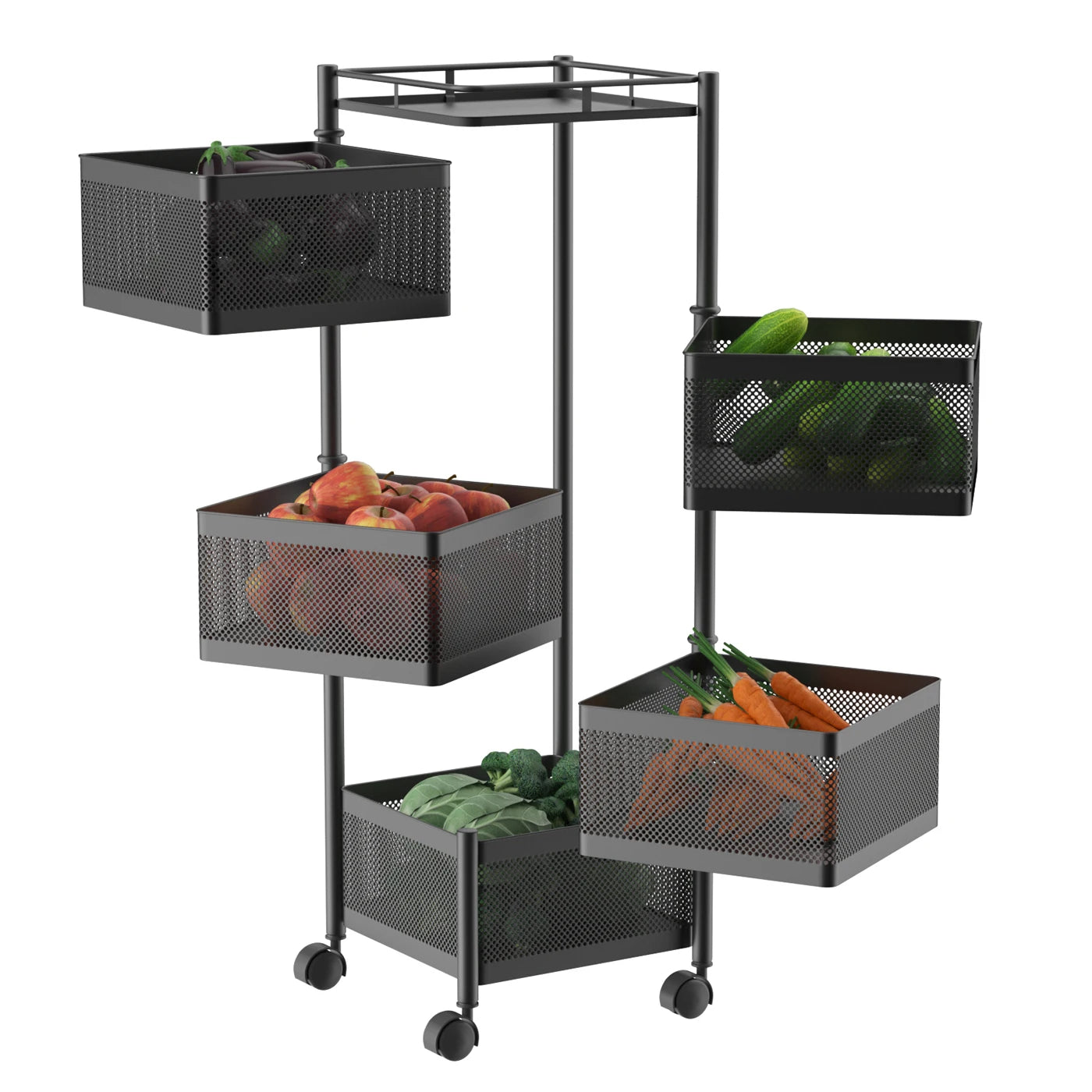 Metal auxiliary cart with wheels and folding baskets saves space |   Fruity vegetable kitchen cart |   Large capacity metal organizer shelf and top tray |   Kitchen shelf