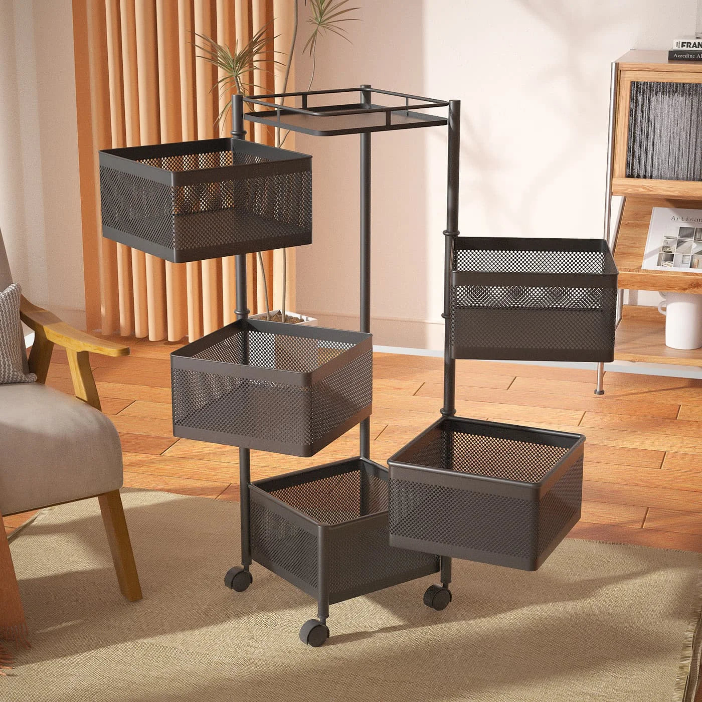 Metal auxiliary cart with wheels and folding baskets saves space |   Fruity vegetable kitchen cart |   Large capacity metal organizer shelf and top tray |   Kitchen shelf