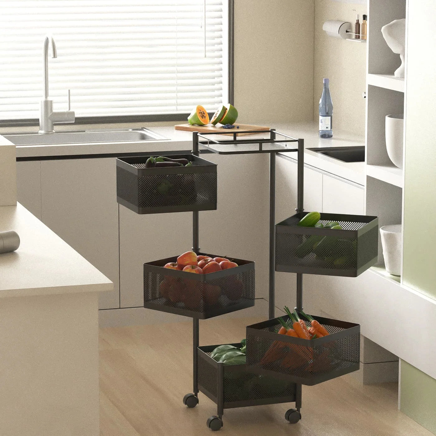 Metal auxiliary cart with wheels and folding baskets saves space |   Fruity vegetable kitchen cart |   Large capacity metal organizer shelf and top tray |   Kitchen shelf
