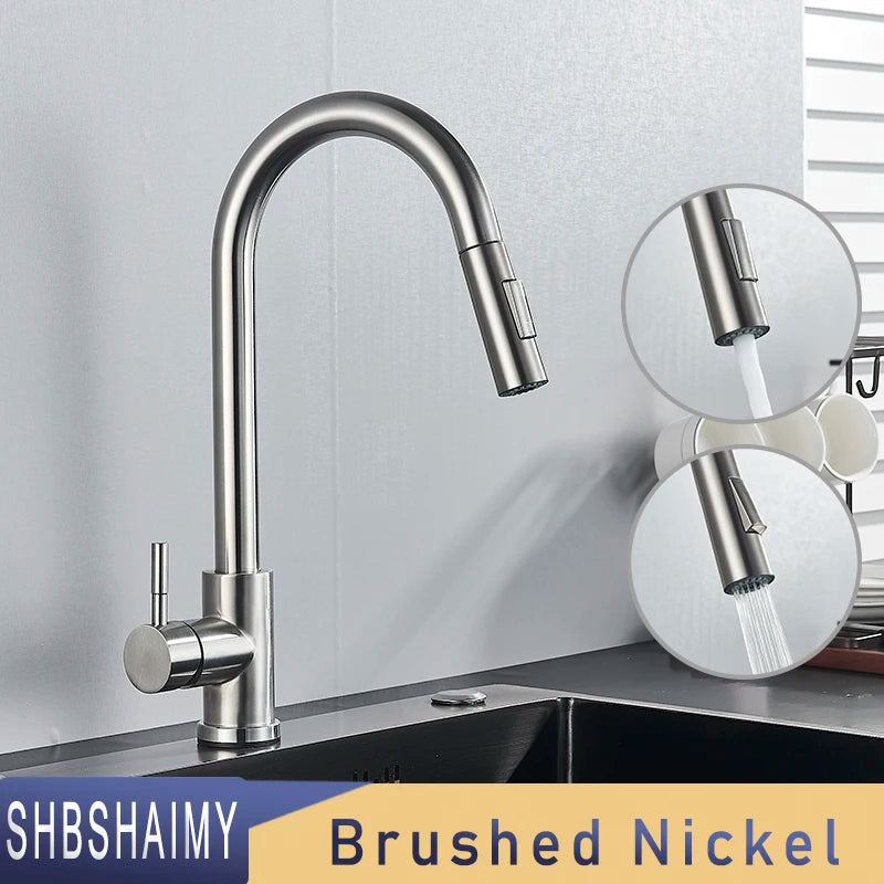 SHBSHAIMY Nickle Gold Kitchen Faucets Stainless Steel Pull Down  Stream Sprayer Deck Mount  Water Sink Taps Black Brushed