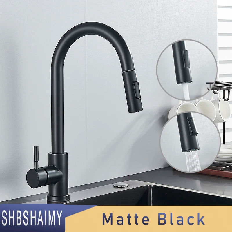 SHBSHAIMY Nickle Gold Kitchen Faucets Stainless Steel Pull Down  Stream Sprayer Deck Mount  Water Sink Taps Black Brushed