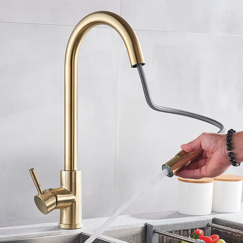 SHBSHAIMY Nickle Gold Kitchen Faucets Stainless Steel Pull Down  Stream Sprayer Deck Mount  Water Sink Taps Black Brushed