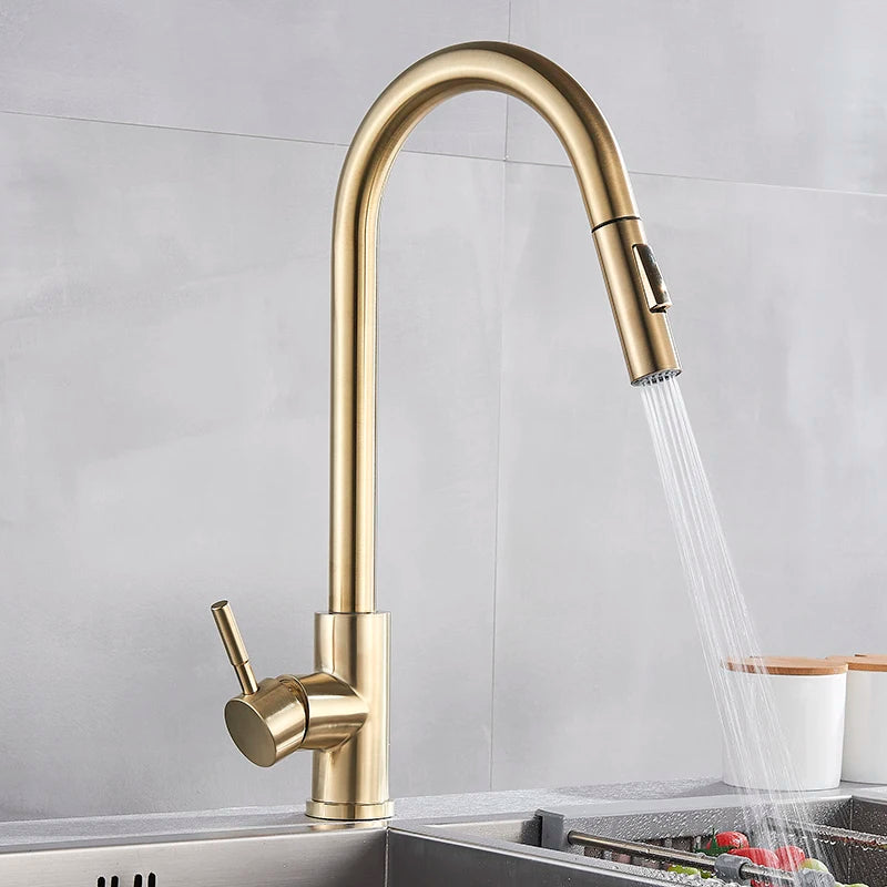 SHBSHAIMY Nickle Gold Kitchen Faucets Stainless Steel Pull Down  Stream Sprayer Deck Mount  Water Sink Taps Black Brushed
