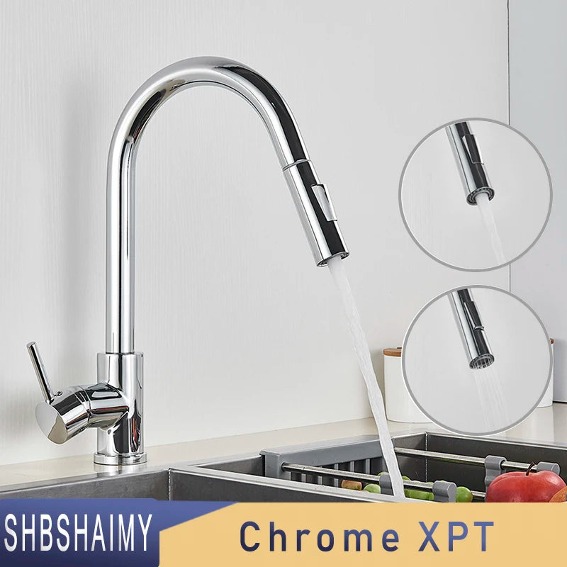 SHBSHAIMY Nickle Gold Kitchen Faucets Stainless Steel Pull Down  Stream Sprayer Deck Mount  Water Sink Taps Black Brushed