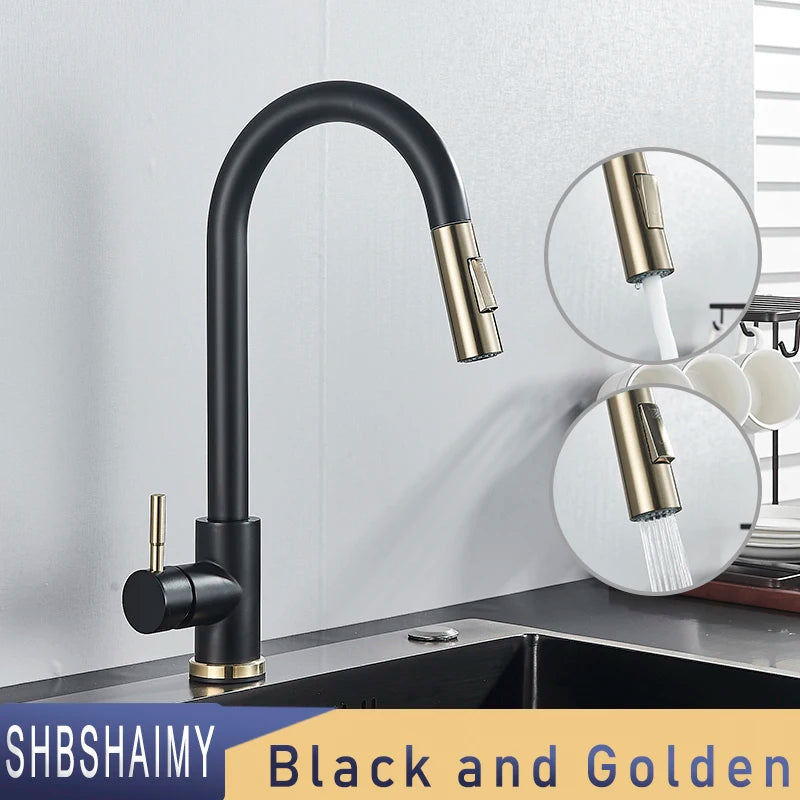 SHBSHAIMY Nickle Gold Kitchen Faucets Stainless Steel Pull Down  Stream Sprayer Deck Mount  Water Sink Taps Black Brushed