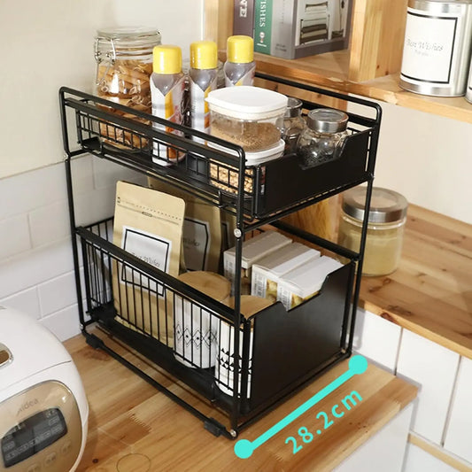 2-Tier Push-Pull Storage Organization, Kitchen Countertop Under Sink Cabinet Bathroom Storage Rack Multi-Function Drain