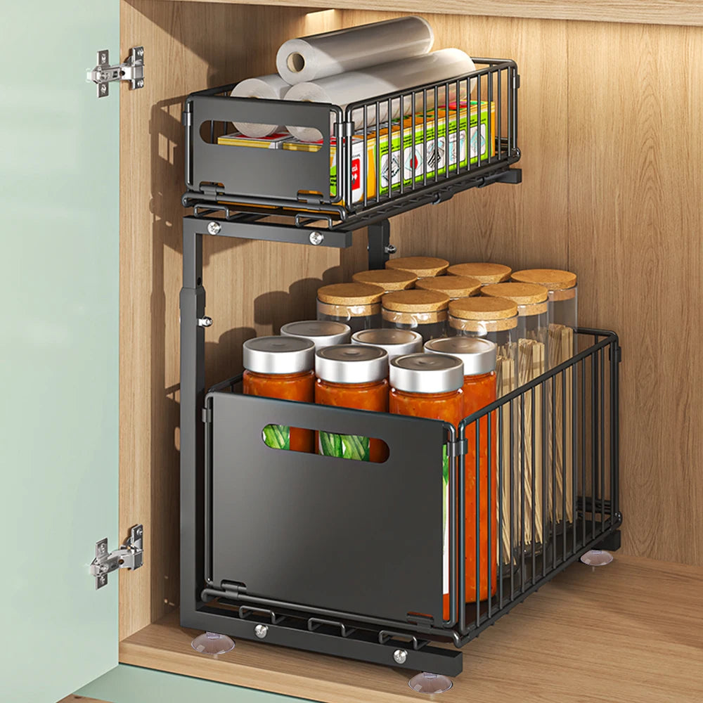 2 Tier Under Sink Pull Out Cabinet Organizer Height Adjustable Kitchen Storage Rack Spice Jar Storage Rack Slide Out Drawer