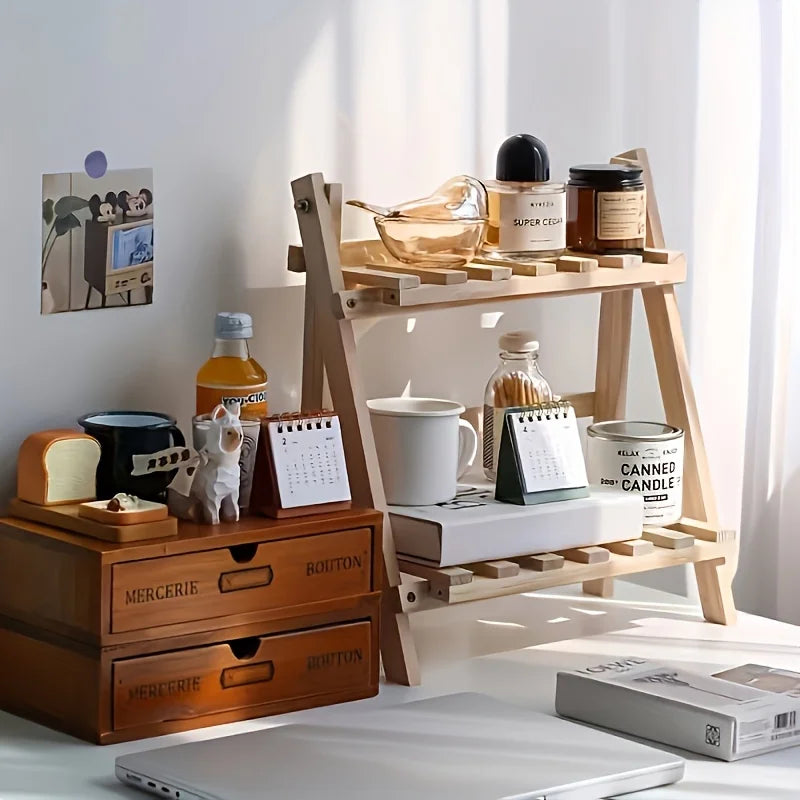The Two-layer Wooden Trapezoidal Storage Rack Can Be Used To Store Desktop Stationery, Office Supplies and Decorative Items.
