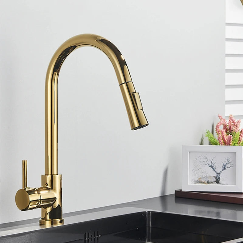 SHBSHAIMY Nickle Gold Kitchen Faucets Stainless Steel Pull Down  Stream Sprayer Deck Mount  Water Sink Taps Black Brushed