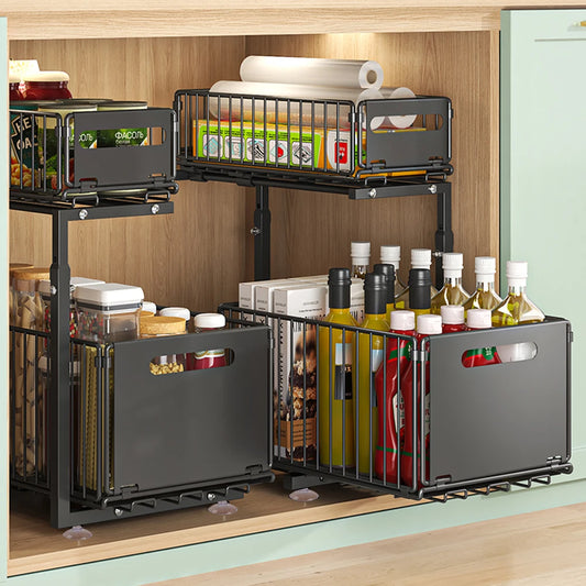 2 Tier Under Sink Pull Out Cabinet Organizer Height Adjustable Kitchen Storage Rack Spice Jar Storage Rack Slide Out Drawer