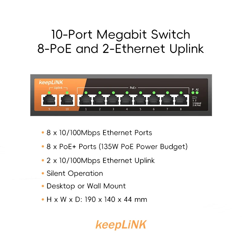 KeepLiNK 10-Port Megabit Ethernet Switch with 8-PoE Ports and 2-Ethernet Uplink