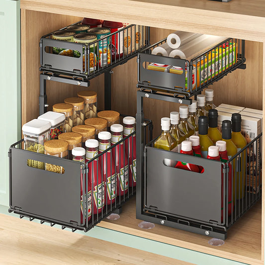 2 Tier Under Sink Pull Out Cabinet Organizer Height Adjustable Kitchen Storage Rack Spice Jar Storage Rack Slide Out Drawer