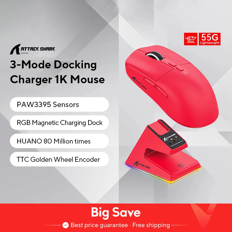 X6 Lightweight Wireless Gaming Mouse with 3 Mode Wired 2.4G BT5.2 Up to 26K DPI RGB Backlight Charging Base for Laptop Deskbtop