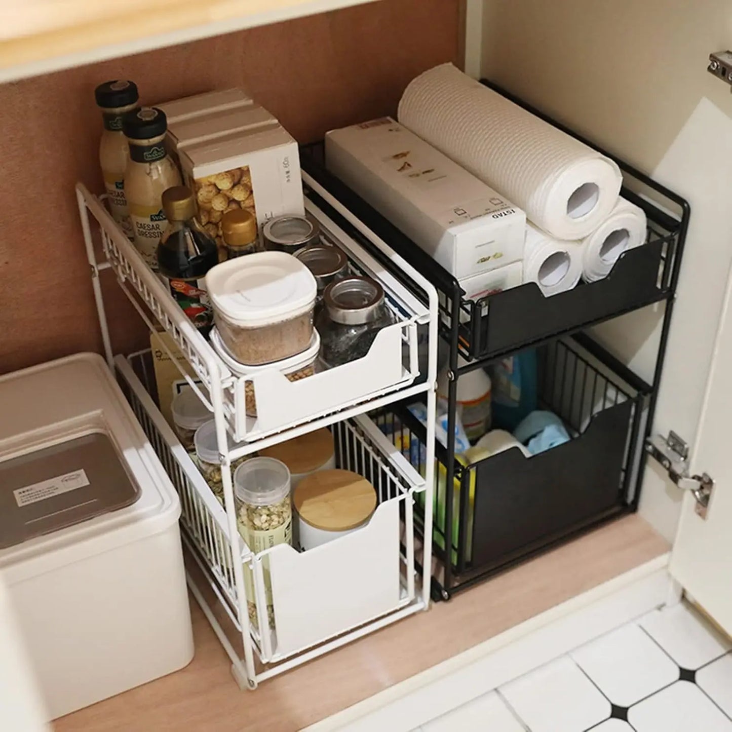 2-Tier Push-Pull Storage Organization, Kitchen Countertop Under Sink Cabinet Bathroom Storage Rack Multi-Function Drain