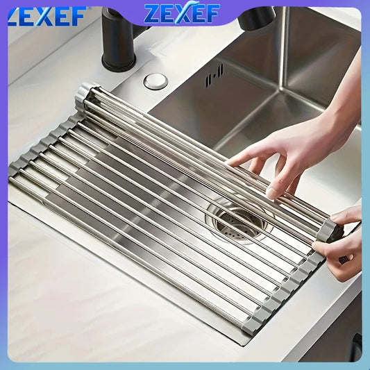 ZEXEF Roll Up Dish Drainer Shelf Stainless Steel Sink Drying Holder Foldable Food Rack Vegetable Washing Stand Kitchen Organizer