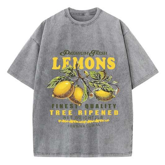 Summer Fresh Lemons Prints Washed T-Shirts Womens Cotton Oversized O-Neck Tops Street Vintage Short Sleeve Casual Woman Clothes