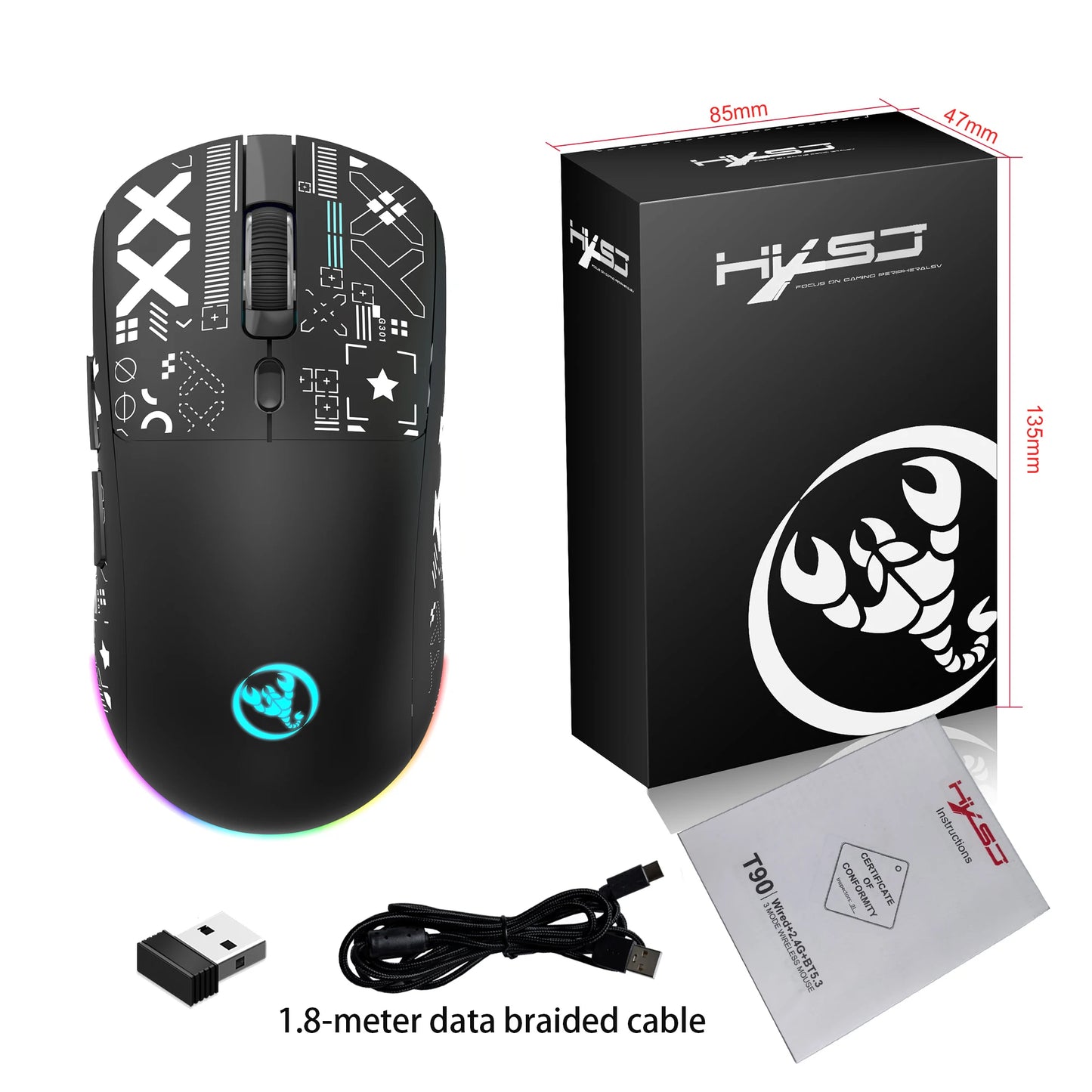 T90 Wireless Bluetooth Mouse RGB (BT1/BT2+ USB) 2.4GHz Rechargeable Silent Bluetooth Wireless Mouse with Type C Adapter