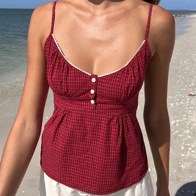 Floral/Plaid Print Tank Top Women Summer Button Front Back Tie Straps Camis Cottage Retro Y2K Crop Tops Preppy Teen Girl Vest
