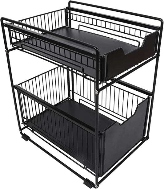 2-Tier Push-Pull Storage Organization, Kitchen Countertop Under Sink Cabinet Bathroom Storage Rack Multi-Function Drain